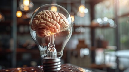 Canvas Print - Light bulb with a brain inside, ideal for science and innovation concepts