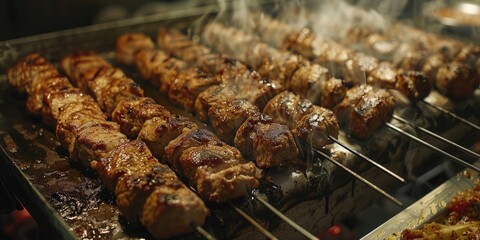 Wall Mural - A bunch of skewered meat cooking on a grill. Perfect for food and barbecue concepts