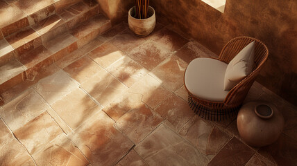 Sticker - An ultra-HD image showcasing a contemporary floor design with oversized terracotta tiles in a matte finish, featuring irregular edges and subtle imperfections.