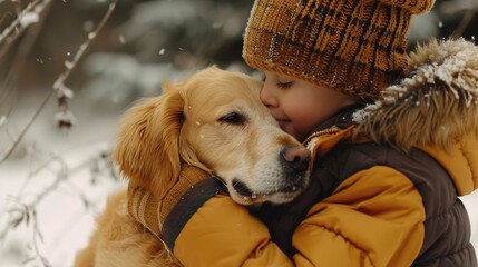 Wall Mural - A heartwarming image of a little boy embracing a dog in the snowy landscape. Suitable for family, winter, and pet-related projects