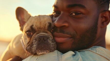 Wall Mural - A man holding a small dog in his arms. Suitable for pet lovers