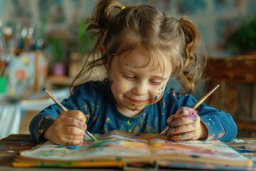 Sticker - A little girl painting on a piece of paper. Suitable for educational and artistic concepts