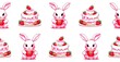 Pink bunny drinking tea from red mug and strawberry cake with pink cream on white background isolated. Seamless background AI graphic.