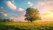 A lone tree standing tall in a field of yellow flowers. Perfect for nature and landscape themes