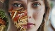 A woman with a plate of food on her face, suitable for food-related concepts