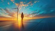 Futuristic Energy Exploration at Sunset, lone figure stands against a striking sunset, gazing out over a field of wind turbines and solar panels, embodying the convergence of human innovation