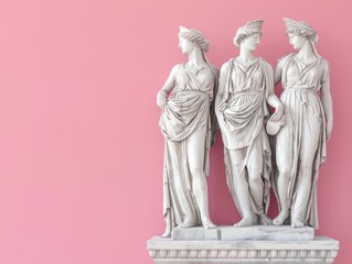 Full length Statues of ancient Greek Goddesses standing on pedestal on pink background with copy space. Antique Sculptures of Women on banner with empty place for text. Contemporary collage y2k art