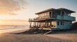 Damaged baywatch house on the beach at sunset from Generative AI