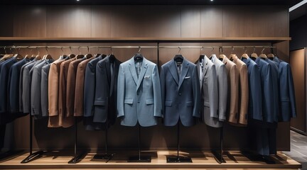 luxury men clothing formal suit on hanger at high end fashion store boutique from generative ai