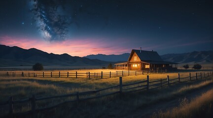 Wall Mural - Picturesque landscape of a fenced ranch at night from Generative AI