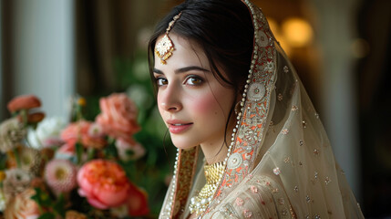 Poster - Bridal Grace: Wrapped in a Soft-toned Banarasi Saree, Embellished with Fine Resham Work and Lustrous Pearls.