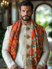 Wall Mural - The Groom Vogue: A Crisp Ivory Kurta Paired with a Lively Silk Nehru Jacket, Symbolizing a Blend of Heritage and Innovation.