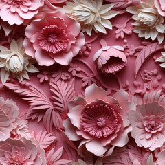 Sticker - Delicate light pink peonies 3d pattern design with lace-like leaves in intricate detail