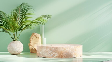 A warm honey marble podium set before a cool mint green backdrop creating a refreshing and inviting atmosphere