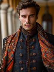 Wall Mural - The Groom Velvet Majesty: A Sherwani of Vibrant Hues and Rich Embellishments