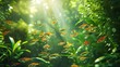 In a sun-drenched freshwater aquarium, a school of vibrant red tetra fish glides with elegance through lush green aquatic plants, creating a captivating display of natural beauty.