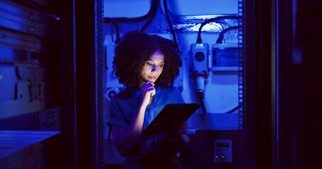 Fototapete - Server room, neon light and woman with a tablet, typing and internet to check software and online reading. Person, night and employee with technology and inspection with digital app and data security