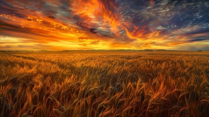 Poster - Stunning fiery sunset over golden wheat field. breathtaking nature scenery. beautiful rural landscape with vibrant sky. peaceful countryside image. AI