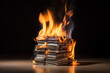 Newspapers in fire. Books and magazines on fire on black background. Books fire. Burning books in fire. Stack of books burning. Burning a stack of magazines and newspapers. Big bright flame magazine