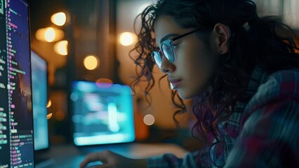 Medium shot of an Indian woman wearing glasses doing graphics design at her home office