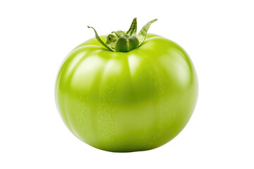 Green Tomato. A single green tomato is displayed prominently on a clean white background. The tomato is unripe, with a vibrant green hue and a smooth skin. on White or PNG Transparent Background.