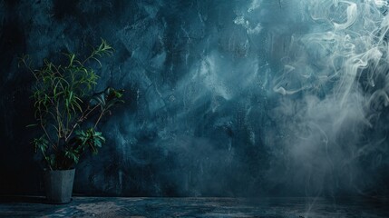 Wall Mural - Mysterious dark room with smoke wafting and potted plant on wooden surface. Atmospheric backdrop for intrigue and suspense.