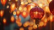 Traditional red lanterns glowing against backdrop of golden bokeh lights, symbolizing festive celebrations in Asian culture. Cultural heritage and festivities.
