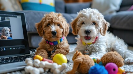 Wall Mural - Adorable puppies playing with colorful toys at home with laptop in background, highlighting modern pet-friendly workspace and joy of pets in everyday life. Domestic animal care and