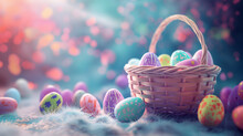 A Pastel Basket Is Full Of Colorful Vibrant Easter Eggs With Cute Patterns On Spring Flowers And A Vibrant Glittering Blurred Background With Blank Space For Text. Realistic Style.