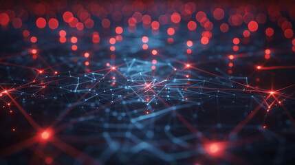 Abstract digital background depicting a network of connected points and lines with red highlights, symbolizing a complex and intricate data structure or communication system.