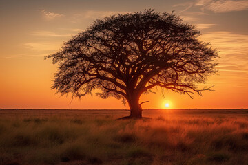 Wall Mural - Illustration of stunning old tree against beautiful red fire sunset sky