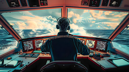 Wall Mural -  a sea captain in the cockpit of a transatlantic ship sailing the sea