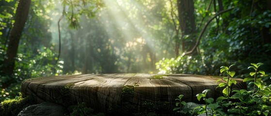 Natural wood podium, lush forest scene, morning sunlight filtering through