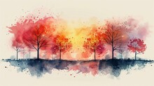Stark Abstract Tree Silhouettes, Watercolor Spring Bloom Background