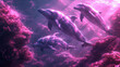 a group of dolphins swimming in a pink and purple sea with corals on the bottom and bottom of the water.