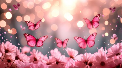 Poster - a group of pink butterflies flying over a field of pink flowers with bokets of light in the background.