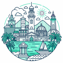  T-shirt sticker of Incorporate intricate line art depicting iconic landmarks of coastal destinations