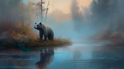 Wall Mural - Bear standing next to a river in the fog