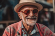 Cheerful retired grandfather in bright clothes. Elderly man with a face smile. Happy pensioner. An elderly man with a cheerful smile. Grandfather in sunglasses and fashionable clothes on vacation.