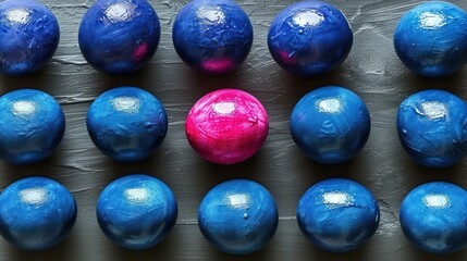 Wall Mural - a group of blue and pink eggs sitting on top of a wooden table with one pink egg in the middle of the group.