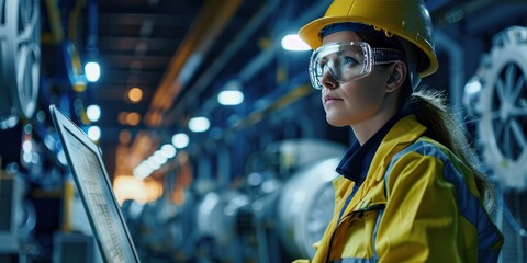Wall Mural - Female engineer uses computer to control machinery in an industrial factory