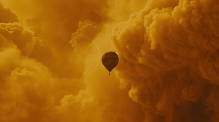 Wall Mural - a hot air balloon flying high in the sky with a lot of clouds in front of it and a yellow sky behind