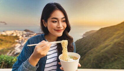 woman eating noodles