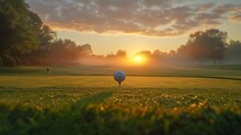 The sun rises over a tranquil golf course, a golf ball perched on a tee against the backdrop of a dew-kissed green and a serene dawn sky.