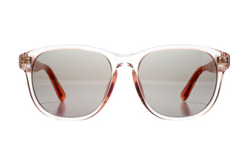 Stylish Sunglasses. A pair of sleek sunglasses sitting on a plain white background, the lenses reflecting light. The sunglasses have a modern design with black frames and dark tinted lenses.