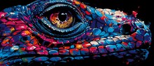 a close up of a colorful lizard's eye on a black background with a red, yellow, blue, and green pattern.