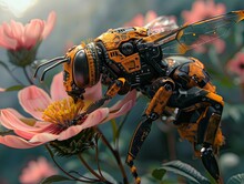 Macro Shot Of A Robotic Bee Pollinating A Flower Showcasing AIs Role In Supporting Endangered Ecosystems