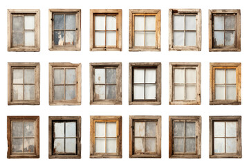 Set of Twelve Old Windows. A collection of twelve weathered and aged windows placed on a clean white background. The windows vary in size and style showcasing a range of architectural designs.