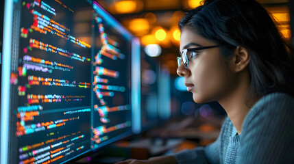 Indian woman working as a software developer. Female developer with a laptop, lines of code on a computer screen blurred. 