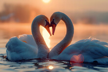 Heart Shape Of Love Symbol From The Neck Of Two White Swans. Kiss Each Other On Lake Sea At The Sunrise Shot, Love Birds, Valentine's Day, Wedding Day, Couple In Love 